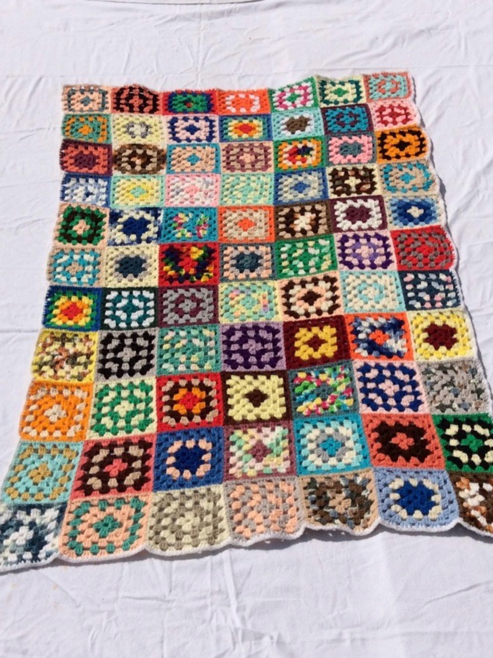 Vintage Handmade Colorful Crochet Granny Square Blanket